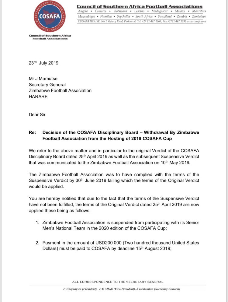 Full Text- COSAFA’s Letter To Zimbabwe, “You Are Suspended From 2020